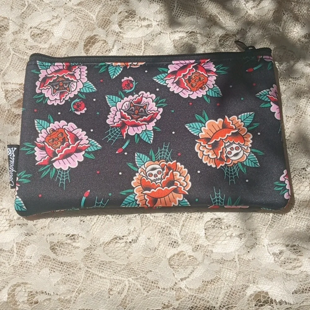 Sourpuss Peony Flowers w black cats skulls pumpkins Makeup Pencil Zip Case New